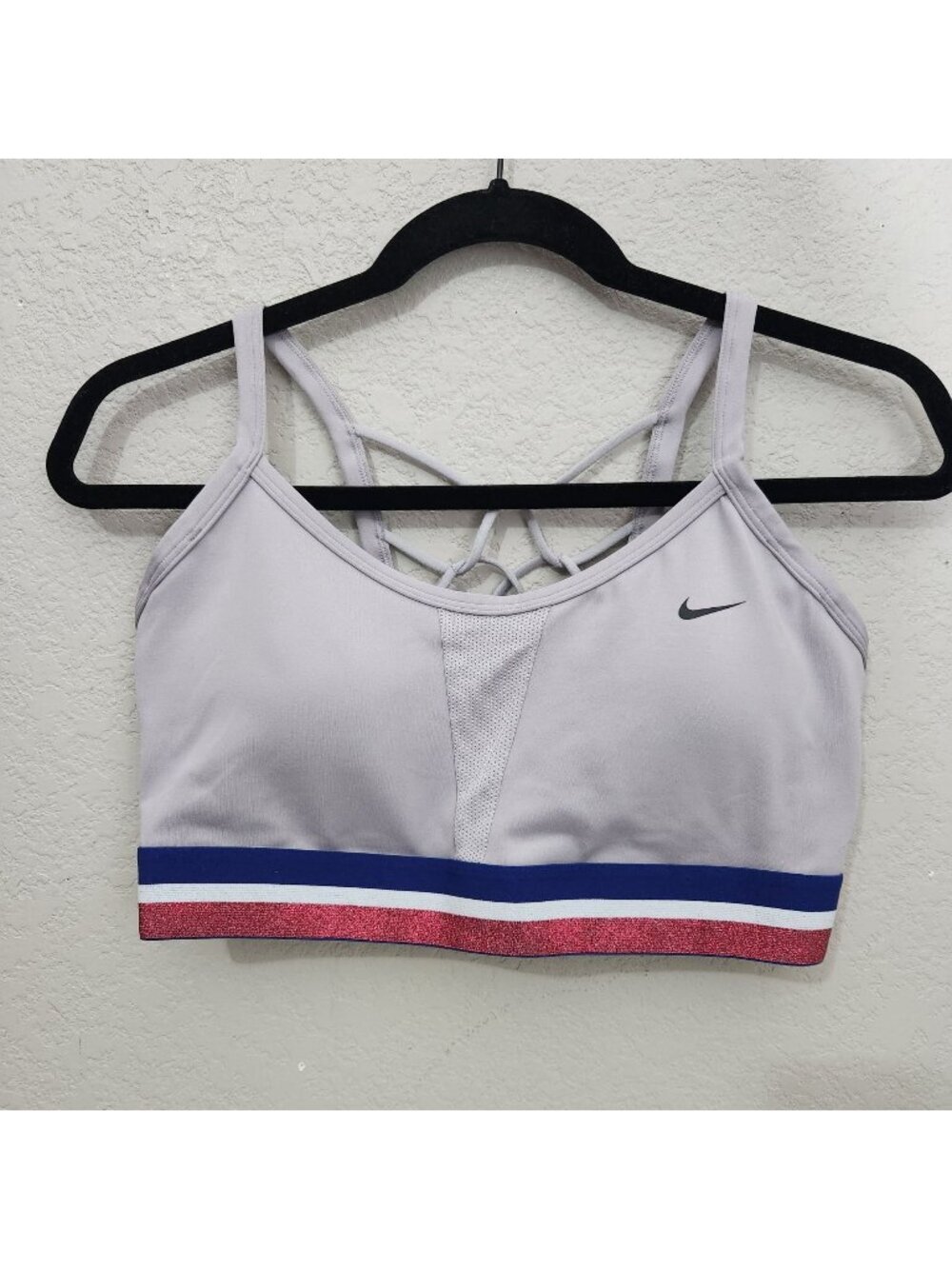 Nike Womens Dri-Fit Sports Bra L Strappy Back Light Gray With Red & Blue Trim